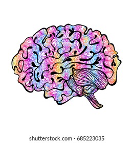 Brain. Vector Illustration for scientific articles, decorative symbol or element for design,  tattoo. Art. The design print for t-shirts, clothing, cover. Illustration of brain activity, meditation.