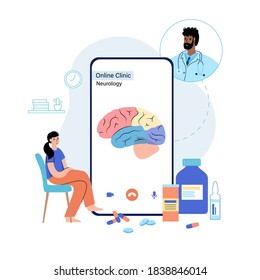 Brain vector logo for online clinic. Medical app on phone. Chat and consultation with a doctor. Hypothalamus, cerebellum, cerebrum and lobe anatomy. Sensation, intellectual, nervous system activity.