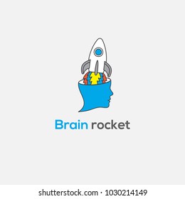 Brain vector logo. Brain rocket illustration. Creativity emblem (sign, symbol). Thinking symbol