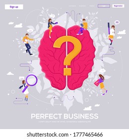 Brain vector outline illustration symbol object. People character with items around brain concept background. Grain texture and noise effect. Brain flyer, web banner, ui header, enter site. 