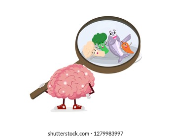 brain with vegetables and fish vector cartoon