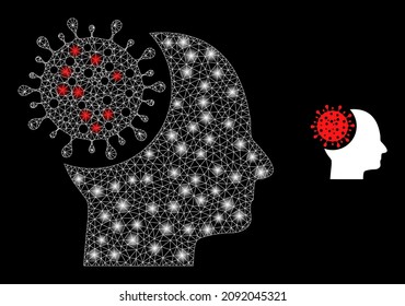 Brain virus icon and constellation mesh net brain virus structure with majestic light spots. Illuminated constellation created using brain virus vector icon and triangulated mesh.