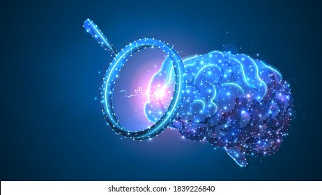 Brain Virus-cell exploration. Epidemic strain research, immunology and infection pathogen concept. Abstract polygonal image on blue neon background. Low poly, wireframe digital 3d vector illustration