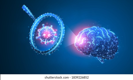 Gehirnviruszellforschung. Konzept für die Erforschung von Epidemien, Immunologie und Infektionserreger. Abstraktes polygonales Bild auf blauem neonalem Hintergrund. Low-Poly-Wireframe, digitale 3D-Vektorgrafik