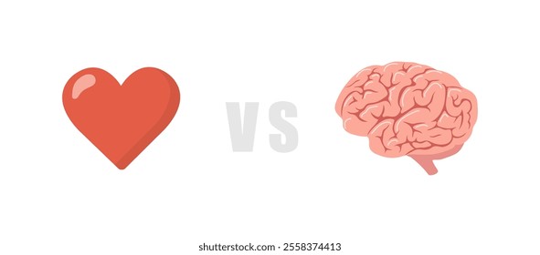 Brain vs Heart. Logic and feel choice concept. Emotion and intellect balance. Flat icons isolated on white background. Vector illustration in cartoon style.