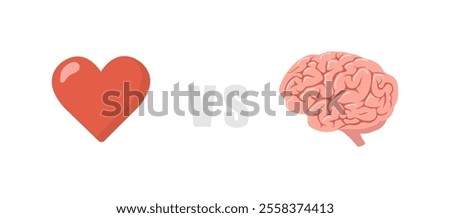 Brain vs Heart. Logic and feel choice concept. Emotion and intellect balance. Flat icons isolated on white background. Vector illustration in cartoon style.