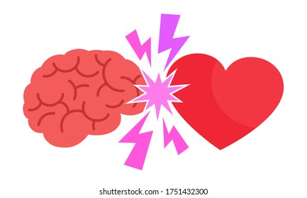 Brain vs heart. Mind versus feelings, isolated on white. Intelligence and intuition. Psychology of relations, concept. Vector illustration flat design, cartoon style.