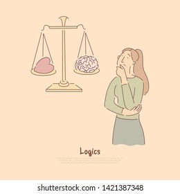 Brain vs heart on scales, logical thinking versus emotional reaction metaphor banner