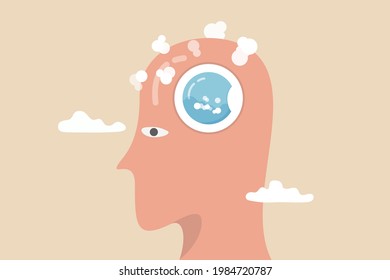 Brain wash by medias or advertising information, make someone to believe, manipulate thought, control how people think concept, human head with washing machine in action to clean his brain.