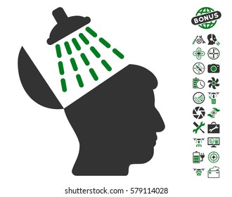 Brain Washing icon with bonus copter service images. Vector illustration style is flat iconic green and gray symbols on white background.