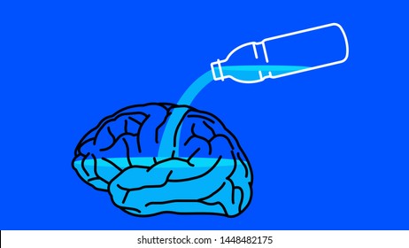 Cerebro y agua. Ilustración de un cerebro y una botella de agua. Hidratación, nivel de agua en el cuerpo humano, beber. Ilustración vectorial.