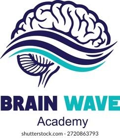 Logotipo de la academia de la onda cerebral con el cerebro humano estilizado y diseño dinámico de la onda para la educación