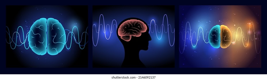 Brain wave on abstract background. Neural network concept. Limbic system and human brain anatomy. Digital science technology concept. Cerebral cortex and cerebrum medical poster 3D vector illustration