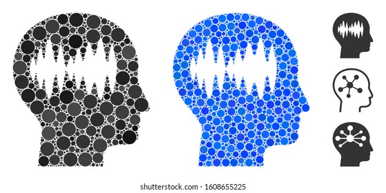 Brain waves composition of spheric dots in different sizes and shades, based on brain waves icon. Vector dots are grouped into blue composition. Dotted brain waves icon in usual and blue versions.