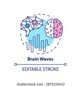 Icono de concepto de ondas cerebrales. Examen clínico. Estudio cerebral. Prueba de neurología. Ilustración de la idea de examen médico en línea delgada. Dibujo de color RGB con contorno aislado del vector. Trazo editable