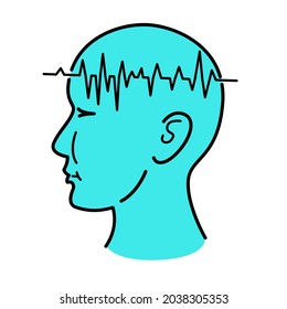 Brain waves. Electrodes connected to a man head. Mind power concept. Flat vector thin line icon. Particles move into human brain. Concept Illustration about Brain wave and Frequency.