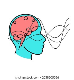 Brain waves. Electrodes connected to a man head. Mind power concept. Flat vector thin line icon. Particles move into human brain. Concept Illustration about Brain wave and Frequency.