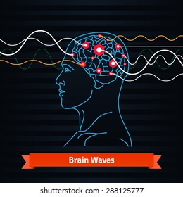 Brain waves. Electrodes connected to a man head. Mind power concept. Flat vector thin line icon.