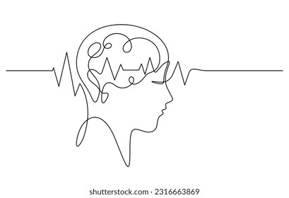 brain waves pulse in human head scan one line vector illustration