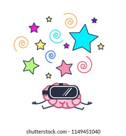 brain wearing virtual reality goggles. Vector concept illustration of mind inside virtual reality | flat design linear infographic icon colorful on white background