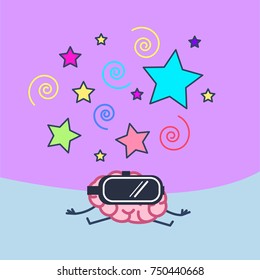 brain wearing virtual reality goggles. Vector concept illustration of mind inside virtual reality | flat design linear infographic icon on purple and grey background
