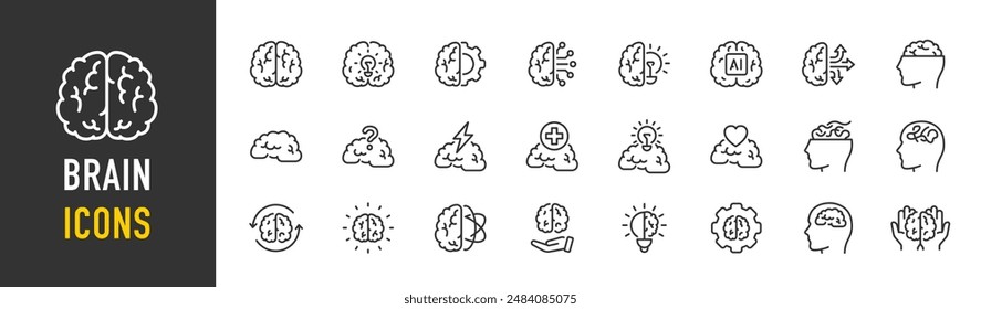 Iconos de la web cerebral en estilo de línea. Mente, cognición, cabeza, inteligencia, inteligencia artificial, salud mental. Ilustración vectorial.