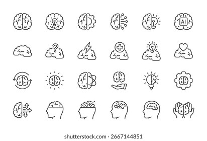 Ícones da web cerebral em estilo de linha. Mente, cognição, cabeça, inteligência, inteligência artificial, saúde mental. Ilustração vetorial.