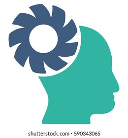 Brain Wheel vector icon. Flat bicolor cobalt and cyan symbol. Pictogram is isolated on a white background. Designed for web and software interfaces.