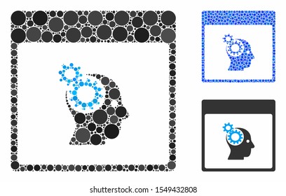 Brain wheels calendar page composition of circle elements in variable sizes and color hues, based on brain wheels calendar page icon. Vector circle elements are organized into blue composition.