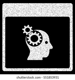 Brain Wheels Calendar Page grainy textured icon for overlay watermark stamps. Flat symbol with dirty texture. Dotted vector white ink rubber seal stamp with grunge design on a black background.