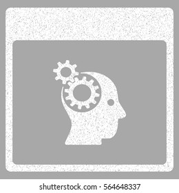 Brain Wheels Calendar Page grainy textured icon for overlay watermark stamps. Flat symbol with dust texture. Dotted vector white ink rubber seal stamp with grunge design on a silver background.