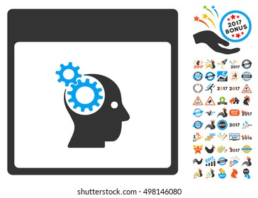 Brain Wheels Calendar Page icon with bonus calendar and time management icon set. Vector illustration style is flat iconic symbols, blue and gray colors, white background.