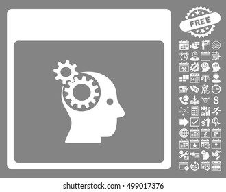 Brain Wheels Calendar Page icon with bonus calendar and time management clip art. Vector illustration style is flat iconic symbols, white, gray background.