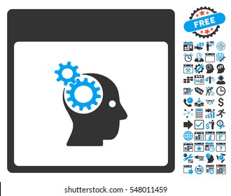 Brain Wheels Calendar Page icon with bonus calendar and time management pictograms. Vector illustration style is flat iconic symbols, blue and gray, white background.