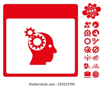 Brain Wheels Calendar Page icon with bonus setup tools design elements. Vector illustration style is flat iconic symbols, red, white background.