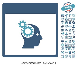 Brain Wheels Calendar Page icon with bonus calendar and time management icon set. Vector illustration style is flat iconic symbols, cyan and blue, white background.