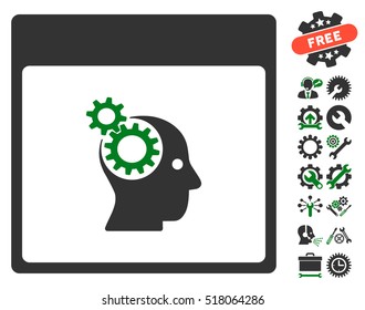 Brain Wheels Calendar Page pictograph with bonus setup tools pictures. Vector illustration style is flat iconic symbols, green and gray, white background.