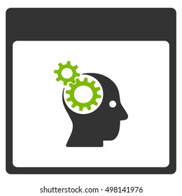 Brain Wheels Calendar Page vector pictogram. Style is flat graphic bicolor symbol, eco green and gray colors, white background.