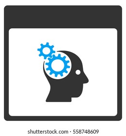 Brain Wheels Calendar Page vector toolbar icon. Style is bicolor flat icon symbol, blue and gray colors, white background.