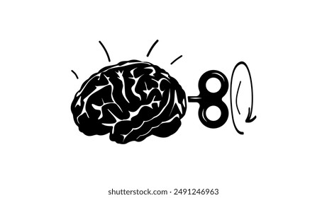 brain with wind-up mechanism, black isolated silhouette