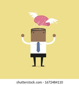 Brain with wing flying freedom from African businessman meditation.