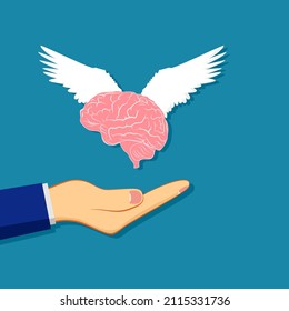 Brain with wings on hand. be mindful and free