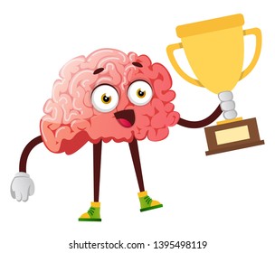 Brain winning a trophy, illustration, vector on white background.