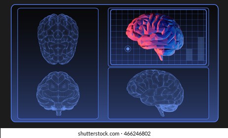 Brain wireframe graphic on monitor screen for use as element of motion design