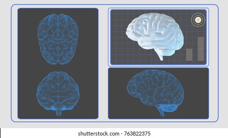 Brain wireframe in various view on computer graphic control panel interface monitor on white space background