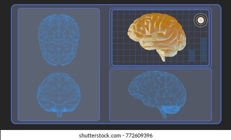 Brain wireframe in various view on computer graphic control panel interface monitor on gray space background