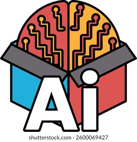 A brain with wires coming out of it. The letters AI are on the box. The box is red, blue and white