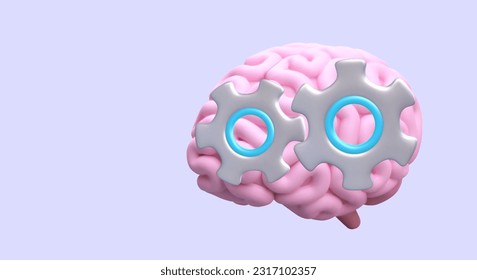 Trabajo cerebral, lluvia de ideas. cerebro rosado 3D, engranajes. Concepto vectorial de los principios de trabajo. Planificación equilibrada, toma de decisiones. Generación de ideas, innovaciones. Procesamiento de datos