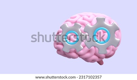 Brain work, brainstorming. 3D pink brain, gears. Vector concept of work principles. Balanced planning, decision making. Generation of ideas, innovations. Data processing