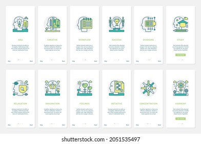 Brain work and calm relaxation vector illustration. UX, UI onboarding mobile app page screen set with line human brain in success workflow process, creative imagination and happy feelings symbols